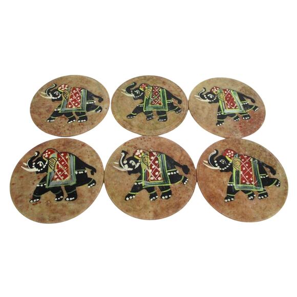 Stone Elephant Coasters with Holder Hand Painted 3.5" Across Set of 6 & Holder - Picture 3 of 7